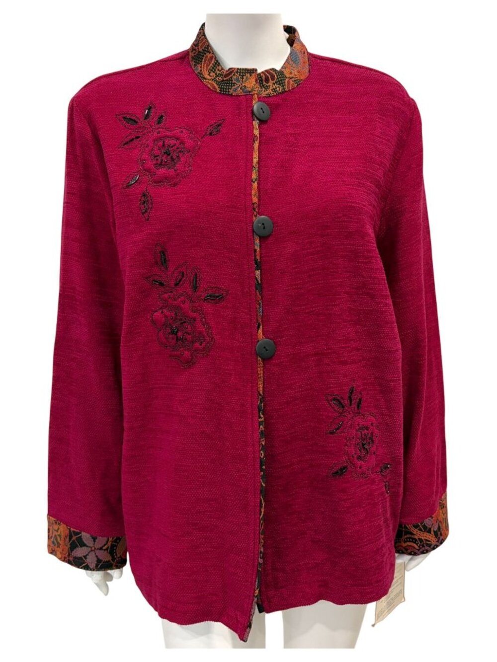 Vintage Napa Valley Tapestry Rose Embroidered Cardigan Jacket Size L Merlot
